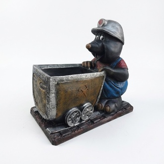 Decorative sculpture designed as a black colored mole miner with a trolley on rails 65cm