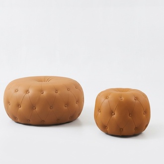 Footstool Round Stool Chesterfield Round Orange Leather Textile 49x38