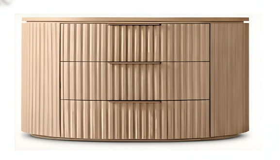 Elegantly designed chest of drawers with ribbed look and curved shape.