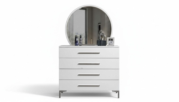 Four Door White Bedroom Dresser Designer Glass Round Mirror 2 Piece Set