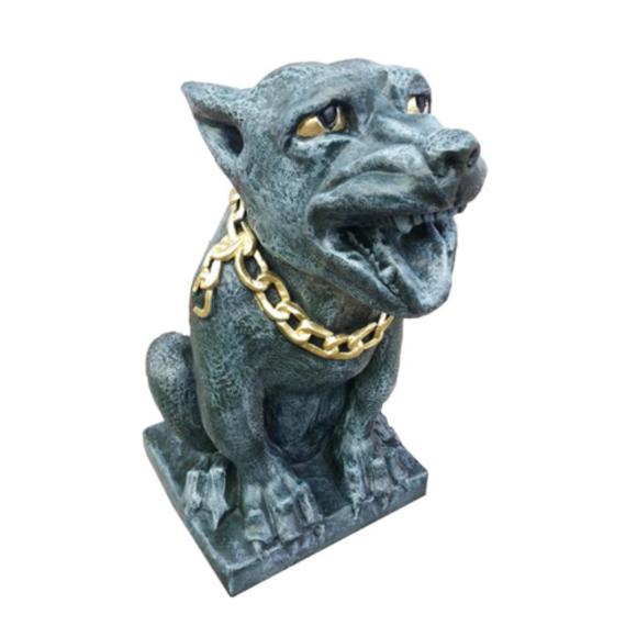 Decorative sculpture designed as a dark grey colored troll dog with a golden necklace 56cm G12
