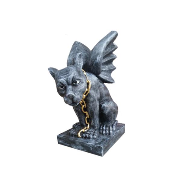 Decorative sculpture designed as a dark grey colored dog goblin with a golden collar 50cm