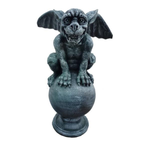 Decorative sculpture designed as a dark grey colored dragon goblin on a round stone 48cm