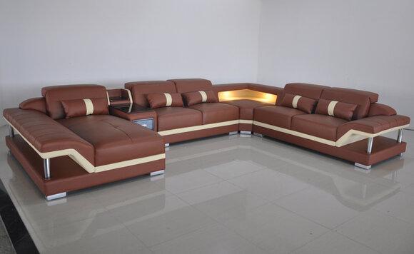 Living Room U-Shape Cream Brown Corner Sofa Leather Sofa Couch Upholstery Corner Seat New
