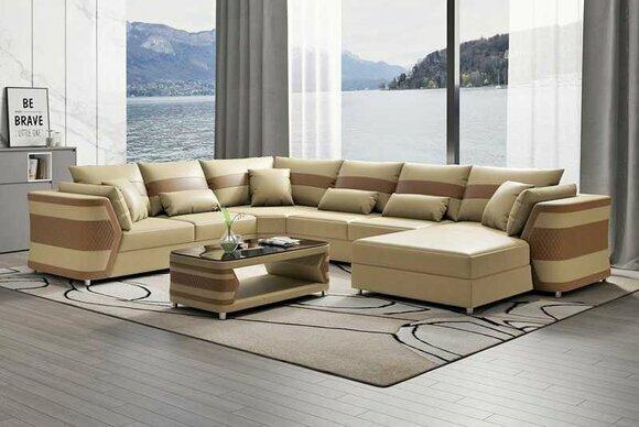 Living area xxl sofa U shape large corner sofa leather sofa beige sofas couches