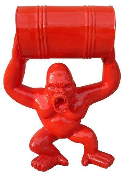Full red colored decorative sculpture designed as a gloss angry gorilla with a barrel 100cm