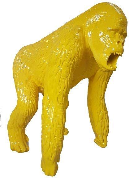 Decorative abstract sculpture designed as a gloss full yellow colored shouting gorilla 130cm