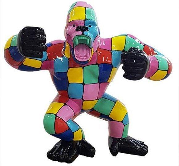 Decorative abstract sculpture designed as a gloss angry gorilla in colorful puzzle patterns 70cm