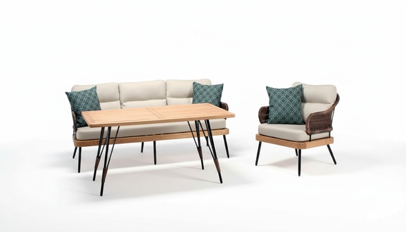 Beige garden furniture, garden rattan set, coffee table, armchair, sofa, 3-seater, 3-piece.