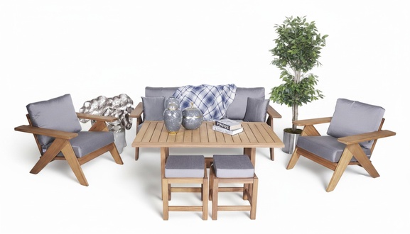 Garden furniture set 6-piece seating groups 3+1+1 seat designer dining table wood 2x stools