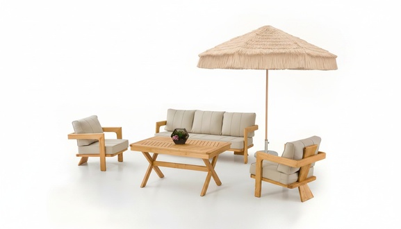 Garden furniture set made of wood and textile in beige, modern, sturdy.