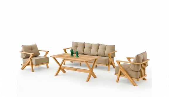Wood and textile garden furniture set in beige, modern, 4-piece.