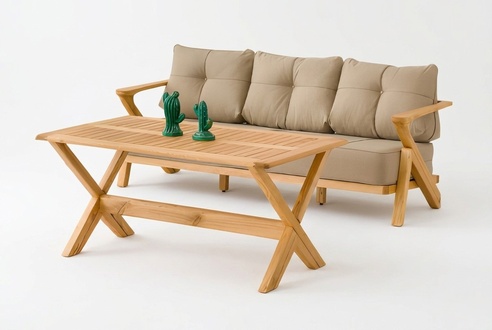 Wooden garden furniture set in beige, stylish and weatherproof.