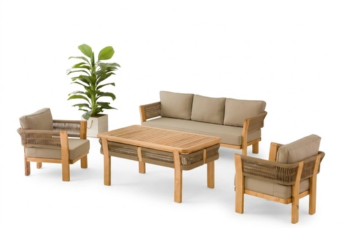 Garden furniture set made of wood and textile in beige, stylish and durable.