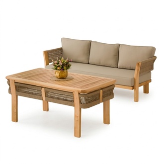Modern beige garden furniture set made of wood and textile.