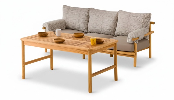 Wood and textile garden furniture set in beige tone, stylish.