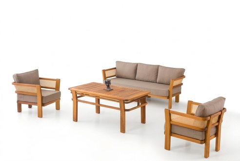 Garden furniture set made of wood and textile in beige – Elegant