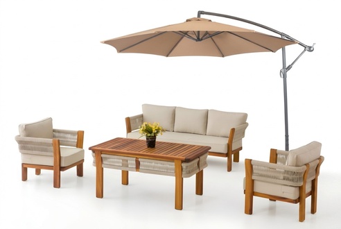 Garden furniture set made of wood and textile in beige, modern design.
