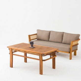 Stylish garden furniture set made of wood and textile in beige.