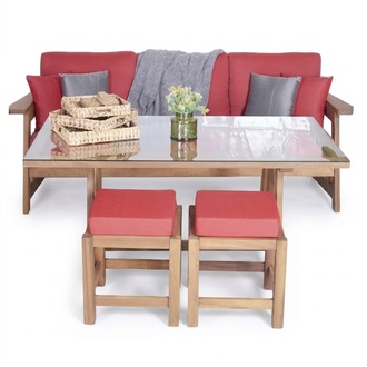 Garden furniture sofa 3-seater dining table 2x stools wooden seating groups 4-piece seating furniture