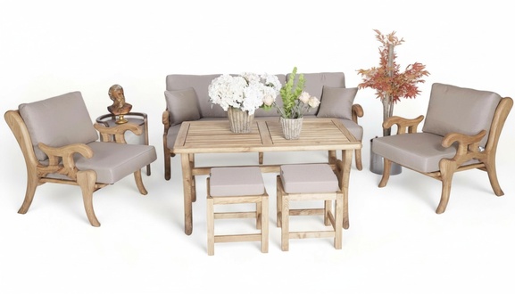 Garden furniture sofa set 3+1+1 seating terrace stylish dining table wooden stools