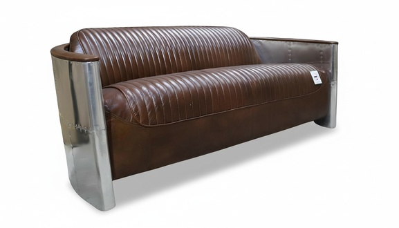 Real leather sofa leather design sofa 3-seater vintage couch aluminum airplane metal