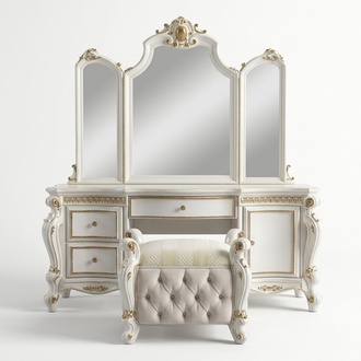 Carved Baroque Furniture Dressing Table Stool Mirror Bedroom Dresser 3pcs.