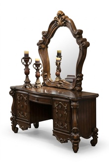 Carved Baroque Furniture Dressing Table Stool Mirror Bedroom Dresser 3pcs.
