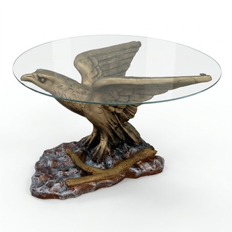 Glass coffee table with a golden eagle decorative sculpture 43cm