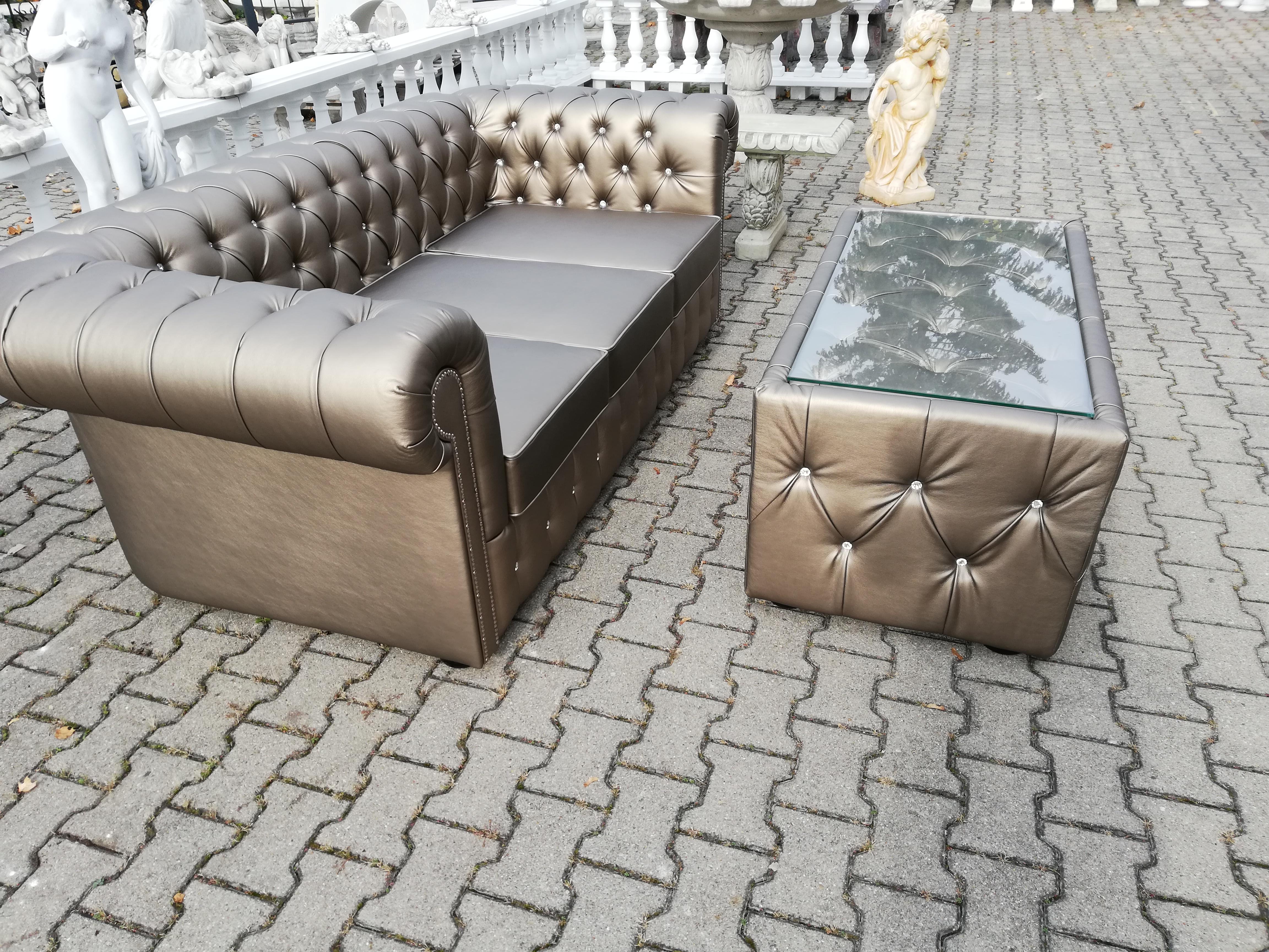 Chesterfield Sofa 3-Seater + Coffee Table Faux Leather Living Room Set Gold New