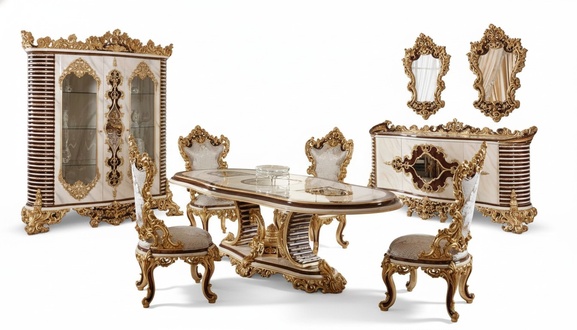 Golden Classic Dining Room Set Dining Table 6x Chairs Sideboard Mirror