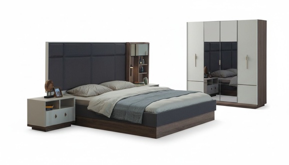Grey bedroom bed designer set double bed 2x bedside tables