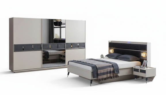 Grey bedroom furniture designer bed 2x bedside tables wood wardrobe 4pcs