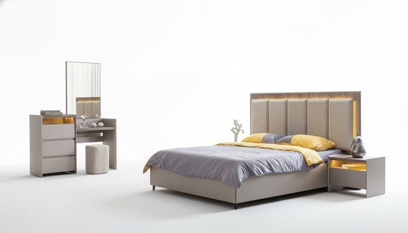 Gray bedroom set bed with 2 nightstands & stylish vanity table