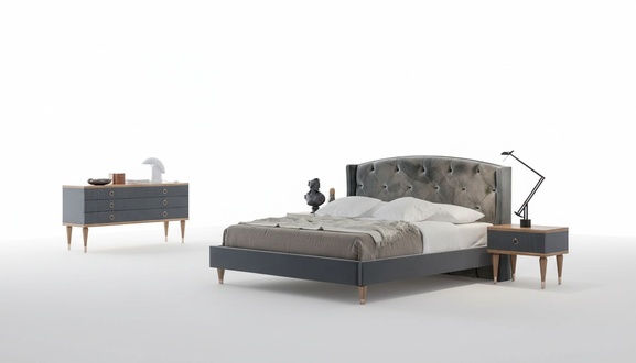 Grey bedroom set luxury set double bed 2x bedside tables chest of drawers