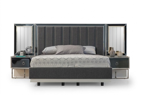 Grey Bedroom Set Stainless Steel Bed 2x Wooden Bedside Tables 3pcs Set