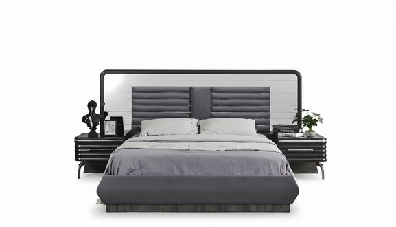 Grey bedroom set double bed 2x bedside tables with drawers