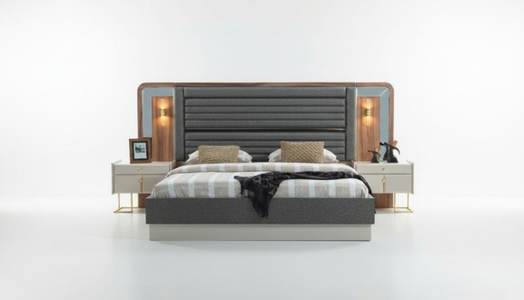 Grey beds Designer bedroom double bed 2x wooden bedside tables 3pcs