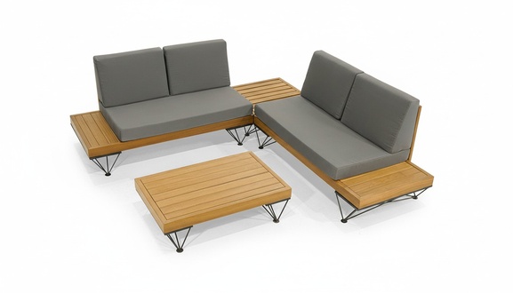 Gray-Brown Garden Seat Furniture Sturdy Wood Coffee Table Luxury Corner Bench 2-piece