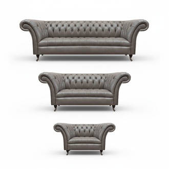 Gray Chesterfield Leather Sofas Designer Armchair Three-Seater Sofa Set