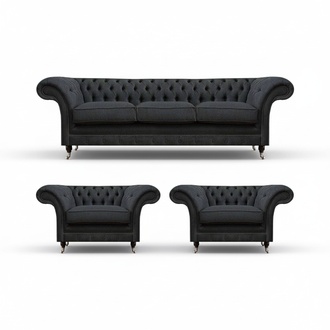 Gray Chesterfield sofa bed textile 2x armchairs 3-piece set furniture