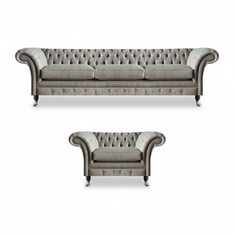 Grey Chesterfield textile sofas Elegant living room 3-seater upholstered armchair