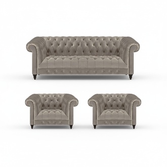 Gray luxury upholstered furniture sofa three-seater couch 2x armchairs living room Chesterfield