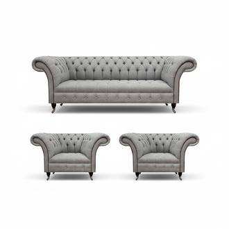 Gray Modern Sofa Set Chesterfield Design Upholstery Fabric Living Room Furnishings