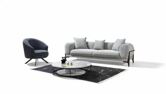 Gray sofa set, luxurious three-seater couch, modern armchair, 2-piece.