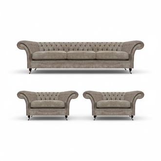 Gray upholstered Chesterfield furniture set, textile sofa, 3-seater, 2 single seats, 3 pieces.