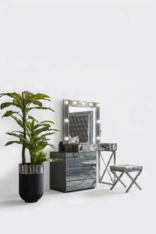 Gray Makeup Table Designer Upholstered Stool Glass Mirror 3-Piece Luxury Set