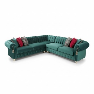 Green Chesterfield Corner Sofa Upholstered Textile Comfortable Couch With Cushions L-Shaped New