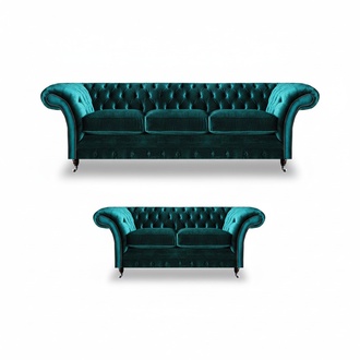 Green Chesterfield upholstered sofas living room 2x sofas two-seaters 3-seater