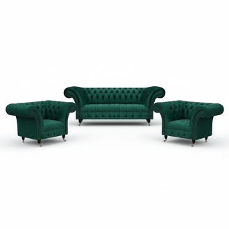Green Chesterfield upholstered seating set designer 3-seater 2x armchairs 3 pcs